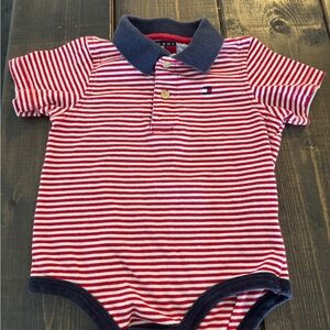 Tommy Hilfiger Red and White Striped Polo Baby Bodysuit with Navy Trim